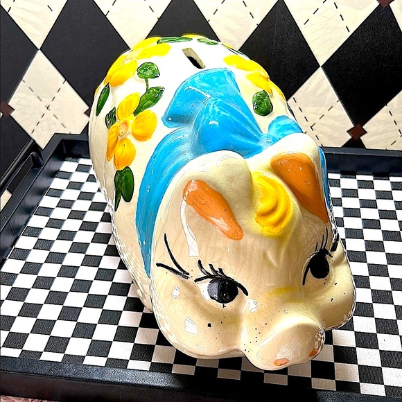 Oversized Chunky Piggy Ceramic Bank 14” Floral & Bow Decor – Whimsy Vintage - Picture 7 of 11